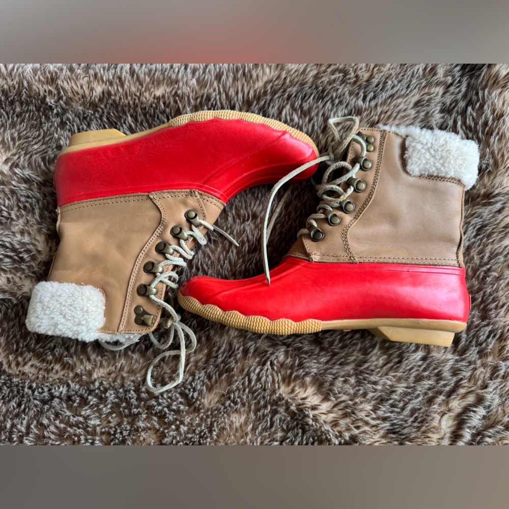 JCrew Sperry Topsider Tan and Red Lace-Up waterproof Boots sz 8